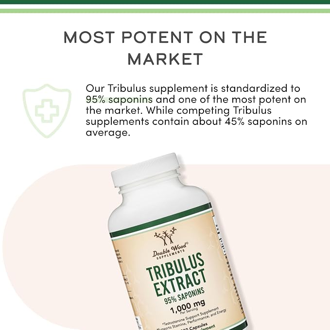 Tribulus Terrestris for Men (Purest 95% Saponin Content) 210 Capsules, 1,000mg Concentrated Fruit Extract (Third Party Tested, Vegan Safe, Non-GMO) for Stamina and Energy by Double Wood