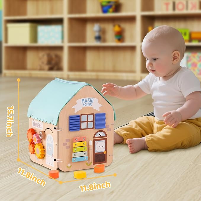 2 in 1 Montessori Wooden Busy Board House, Multi-Functional Foldable Busy Board, Fine Motor Skills Training for Little Kids Aged 1-3, Gifts for Boys and Girls