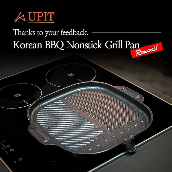 UPIT Wide Korean BBQ Grill Pan, Widen Nonstick Coating with Improved Grease Draining Spout