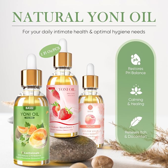 BASSI 3 PCS Natural Yoni Oil for Women -Feminine Oil Vaginal Moisturizer - Reduces Odor, Restores pH Balance, Helps with Vaginal Itch, Herbal Yoni Blend with Strawberry Peach Hami Melon