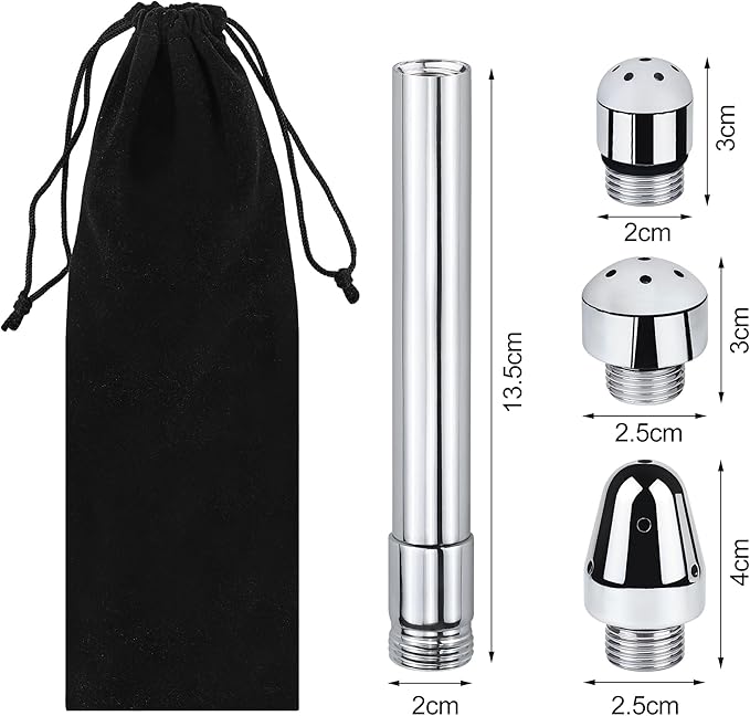 Aluminium 3 Shower Heads Water Nozzle Anal Douche Vaginal Cleaning Kit + Velvet Carry Bag