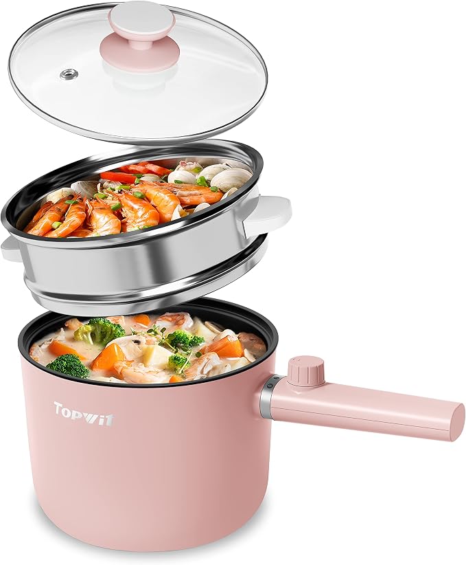 Topwit 1.5L Hot Pot Electric, Portable Ramen Cooker, Non-Stick Frying Pan | BPA-free, Glass Lid, Overheat & Boil-dry Protection, Electric Pot for Pasta, Steak, College Dorm Office Travel Essentials