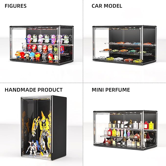 Acrylic Display Case for Collectibles with LED Light, 3 Layer Adjustable Figure Display Case with Magnetic Door, Lighted Display Box Stackable Clear Blind Box for Action Figure, Popmart, 1 Pack, Black