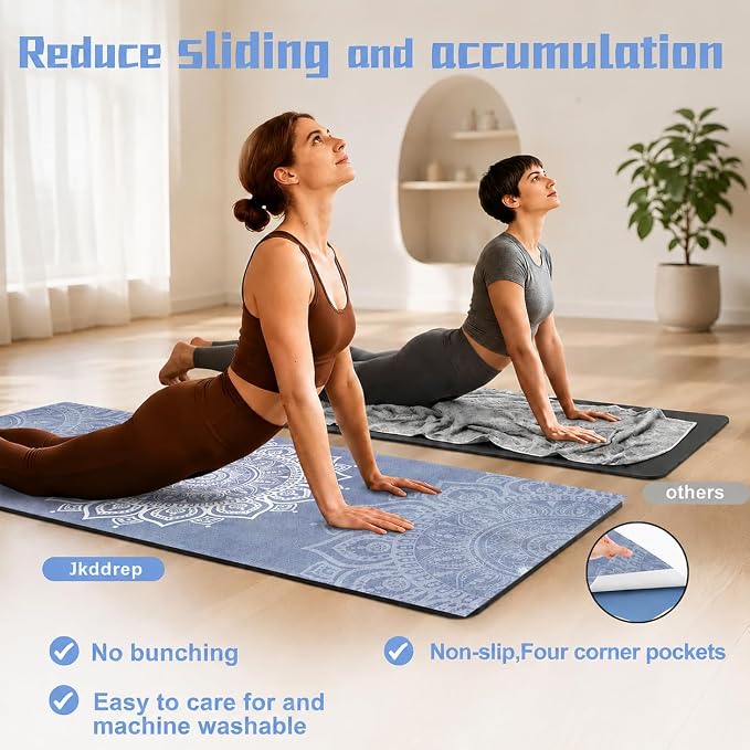 Yoga Mat Towel, Hot Yoga Non Slip with 4 Corner Pockets, 70 x 26 in | Soft Absorbent Microfiber With Four Corner Pockets, Fits Over Yoga Mats For Hot Yoga, Pilates, Gym, And Travel