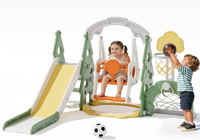 KORIMEFA 6-in-1 Kids Slide and Swing Set, Toddler Slide with Basketball Hoop, Swing, Outdoor Indoor Playground for Toddlers 1-3 Pine Shape Design(6 in1-Green)