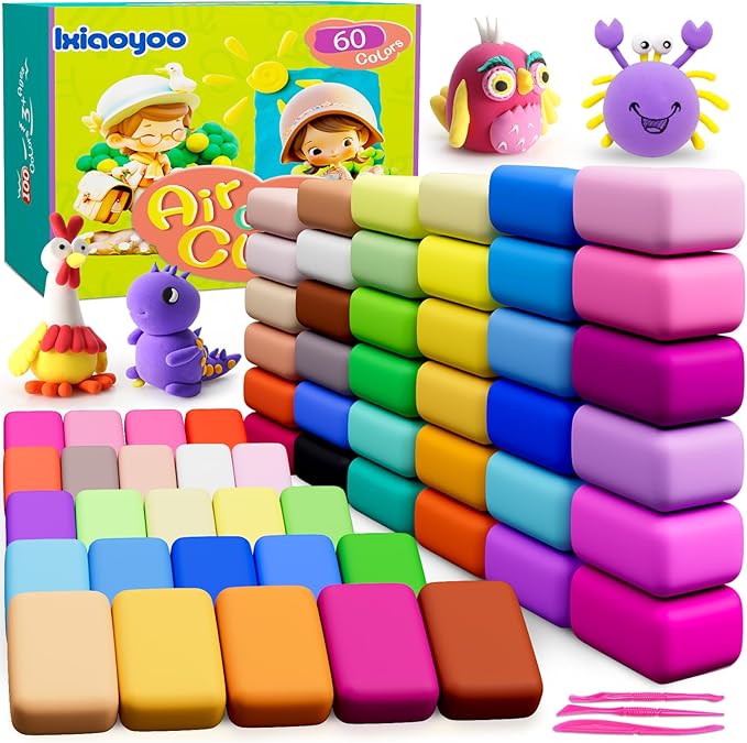 Ixiaoyoo Air Dry Clay for Kids, 60 Colors Modeling Magic Clay, Safe & Non-Toxic, DIY Model Arts & Crafts Kit with Sculpting Tools, Birthday&Christmas Toy Gift for 3-12 Years Old Boys Girls Kids