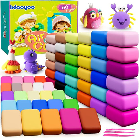 Ixiaoyoo Air Dry Clay for Kids, 60 Colors Modeling Magic Clay, Safe & Non-Toxic, DIY Model Arts & Crafts Kit with Sculpting Tools, Birthday&Christmas Toy Gift for 3-12 Years Old Boys Girls Kids