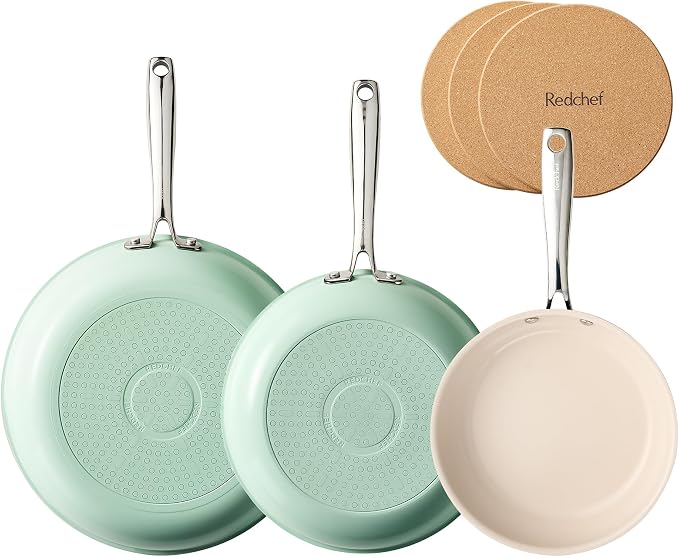 Redchef Ceramic Nonstick Pan Set, Ceramic Frying Pans with Ergonomic Stainless Steel Handles, PFOA PFAS PTFE Free, Induction Ready Cookware with 3 Cork Pads, Oven Safe, Mint Green（8+9.5+11"）