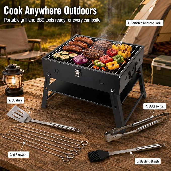 Portable BBQ Charcoal Camping Grill: Tabletop Folding Barbecue Grills | with Stainless Steel BBQ Grilling Tool Set, Fathers Day Birthday Grilling Gift for Men Dad Husband