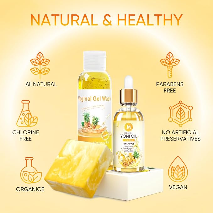 Feminine Wash & Yoni Soap Bar & Yoni Oil for Women pH Balance, Pineapple Yoni Wash for Moisturizing Remove Odor, 5.07 Fl.Oz Feminine Wash 1 Fl.Oz Feminine Oil & 3.53oz Yoni Bar