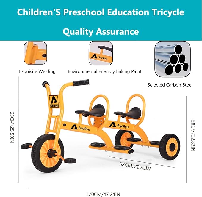 Kids Tricycles for Preschoolers Ages 3+, Ideal Outdoor Playground & Daycare Yard Trike with Passenger Seat, Durable Metal Pedal Tandem Bike, Sturdy Carbon Steel Frame, Solid Rubber Tires