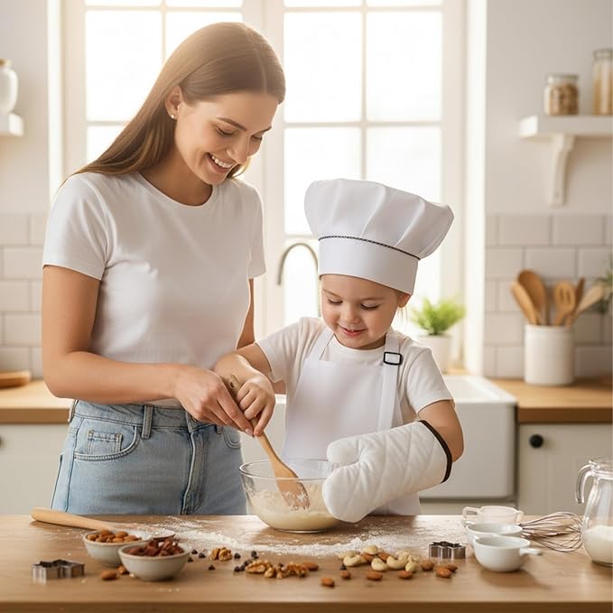 Kids Apron and Chef Hat Set, Adjustable DIY Children Apron Cooking Baking Set Dress Up and Pretend Play Dress Up Clothes for Cooking Classroom Baking Painting (White)