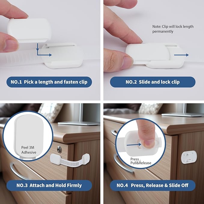 8-Pack Baby Proofing Cabinet Locks, Adjustable Adhesive Strap Latches for Drawer, Cupboard, Oven, Fridge, Toilet Seat - No Drill Child Safety Lock Kit, Easy Installation | Strong adjustable adhesive straps for cabinet, drawer, fridge, toilet & oven. Dr...