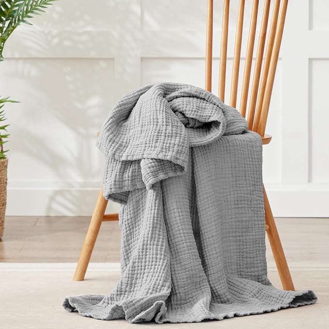 100% Cotton Muslin Blanket Large 50" x 70", Breathable and Lightweight Cotton Throw Blankets for Bed and Couch, Soft Cooling Summer Gauze Blanket for Adults All Season, Light Grey