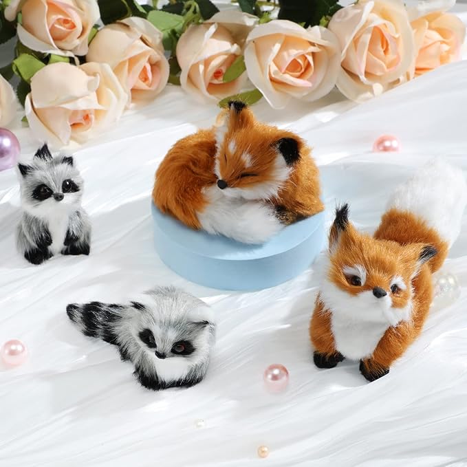 4 Pcs Simulation Fur Toy Christmas Decor Mini Fox Animal Model Stuffed Cute Furs Plush Raccoon Fox Squatting Sleeping Animals World with Static Action Figures for Home Office Desktop Decoration