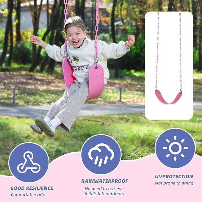 Pink Swing Seat - Heavy Duty Chain Plastic Coated - Playground Swing Set Accessories Replacement Gift Box Set Birthday Gift