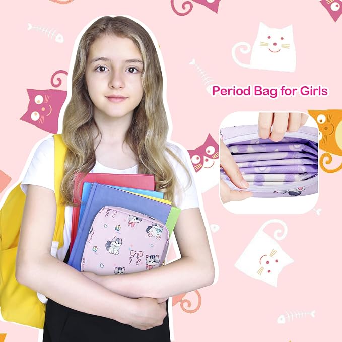 Likesing Tampon Holder for Purse, Canvas Period Bag Sanitary Napkin Storage Bag for Girls Womens, Portable Feminine Emergency Pad Period Pouch(Bow-Tie Wink Cat)