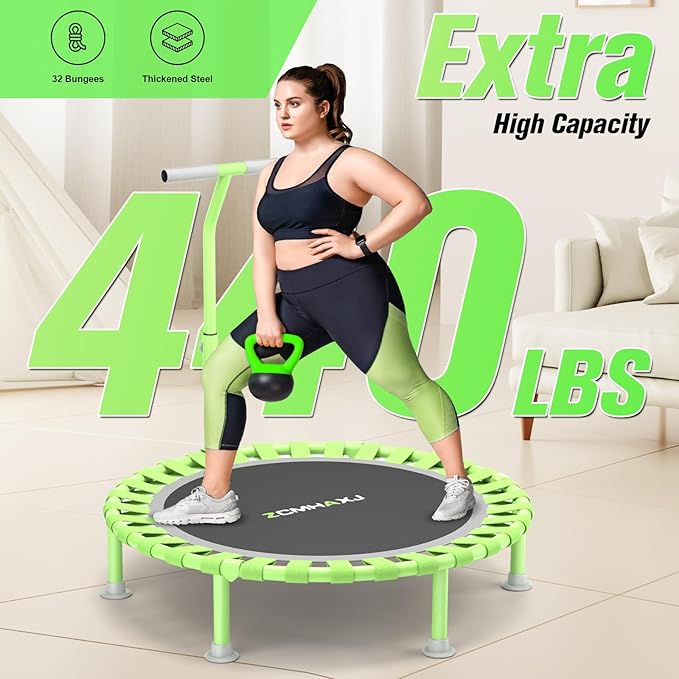 ZCMHAXJ Foldable Mini Trampoline, 40" Rebounder Trampoline for Adults & Kids, 450lbs Capacity with T-Shaped Adjustable Bar, Indoor Fitness Workout Exercise Equipment