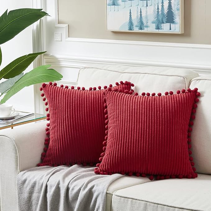 Fancy Homi 2 Packs Burgundy Decorative Throw Pillow Covers 16x16 Inch with Pom poms, Christmas Home Decor, Soft Corduroy Accent Square Cushion Case for Living Room Couch Bed Sofa 40x40 cm