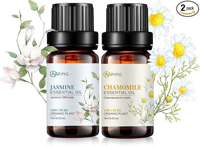Jasmine & Chamomile Essential Oils - 100% Pure Organic Natural Plant Oils for Diffuser, Aroma, Spa, Massage, Yoga, Perfume, 2x10ML