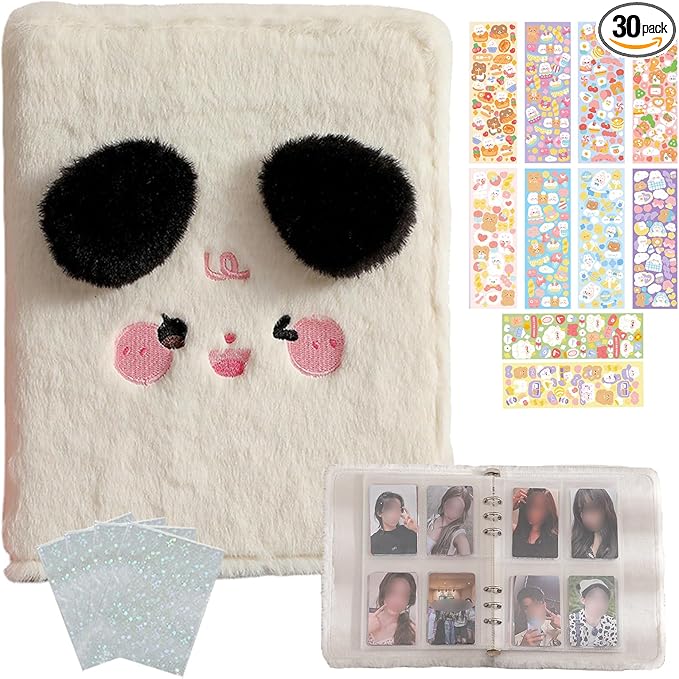 Kpop Photocard Binder with 6 Stickers Sheet & 50 Shinning Protective Sleeves Kpop Photocard Holder Book with Kpop Photocard, A5 Binder Photocard Album 30 Inner Pages with 240 Pockets (Whiteplush)