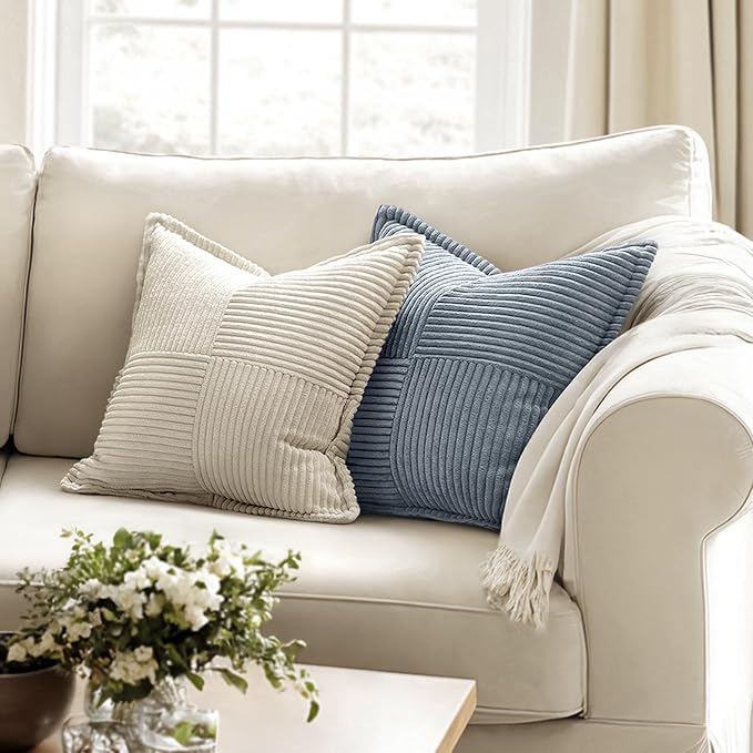 MIULEE Decorative Throw Pillow Covers for Couch 18x18 Inch Dustyblue 2 Pack | Boho Broadside Striped Patchwork Pillow Covers, Soft Corduroy Cushion Cases, For Sofa Bed Livingroom Home Decor