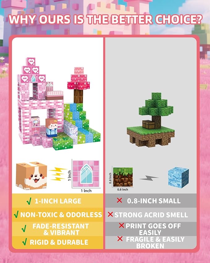 Magnetic Blocks Large 1 Inch 220 PCS, Super Strong Magnets, Magnetic Building Cubes for Girls, Pink Dream House STEM Educational Construction Kit for Kids Ages 3-5, 4-8, 8-12 | Ideal Gift
