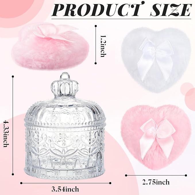 Tioncy 3 Pcs Large Body Powder Puff and Container Valentine's Day gift Powder Container with Puff Crystal Case Soft Washable Reusable Velour Face Body Glitter Wet Dry Makeup(Crown,Clear)