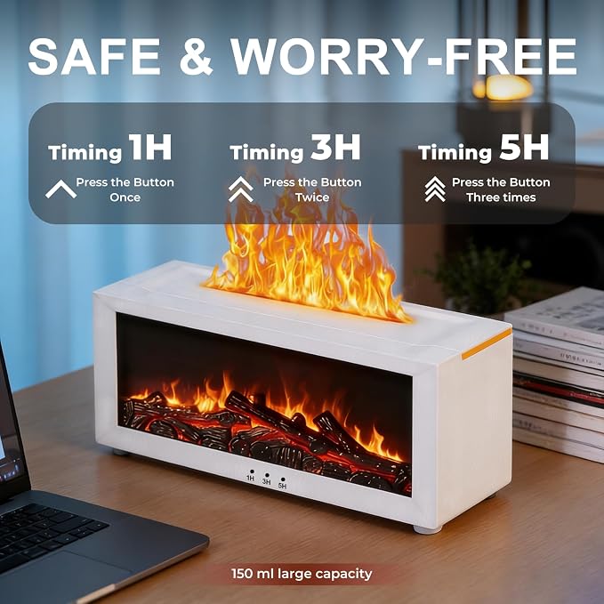 Fireplace Flame Essential Oil Diffuser, 7-Color LED Ultrasonic Aromatherapy Humidifier, 150ml, Cool Mist, with Remote Control and Timer, for Home Bedroom Office Yoga (White)