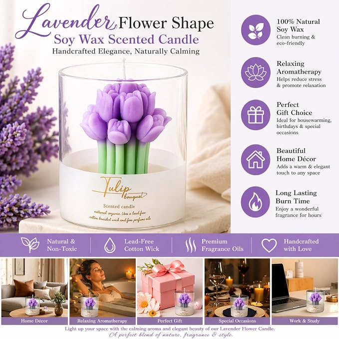 Lavender Flower Shape Scented Soy Candles | Relaxing Aromatherapy Candle | Housewarming Gift for Women & Men | Warm & Decorative Soy Wax Blend | 100% Natural Soy Wax