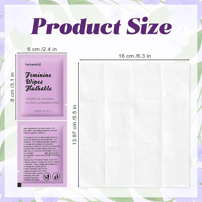 twoworld 200 Feminine Wipes Individually Wrapped,Flushable Wipes Travel | Feminine Care Vaginal Wipes for Adult,Women,Girl and Homeless(Lavender)