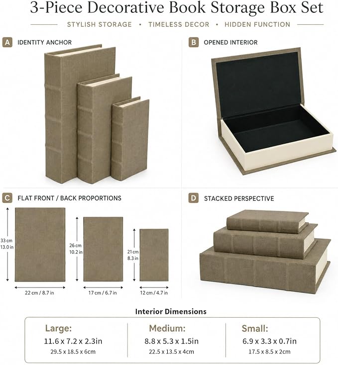 Decorative Book Boxes Set of 3, Faux Linen Storage, 13" | Living Room Decor, Bedroom Decor, Office Decor, Bookshelf Display, Coffee Table, Farmhouse, Rustic, Vintage Style