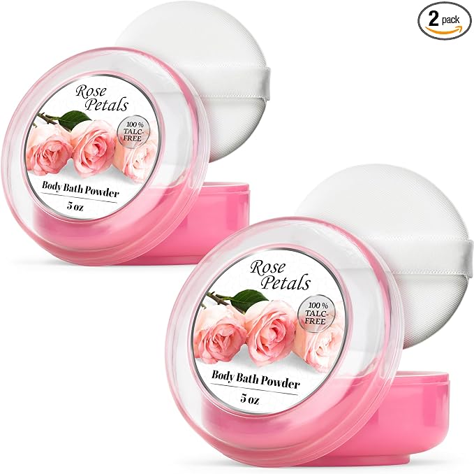 R-NEU 2 Pack Body Powder for Women with Powder Puff, 100% Talc-Free, Elegant Rose Petal Scented Dusting Powder, After Bath for Soft Skin, Extra Large, (10oz)