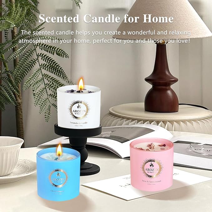 3 Pack Scented Candles Gift Set for Women – Lavender, Ocean, Rose Soy Candles with Crystals & Seashells, 70-Hour Total Burn Time, Aromatherapy Candle Set for Home Decor, Mother’s Day Birthday
