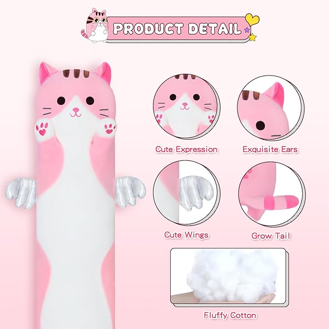 Long Cat Body Pillow for Kids, Cute Cat Stuffed Animals Gifts for Girls, Long Cat Plush Toy for Birthday, Soft Cat Plushies Pillow (Pink, 43.3in/110cm)