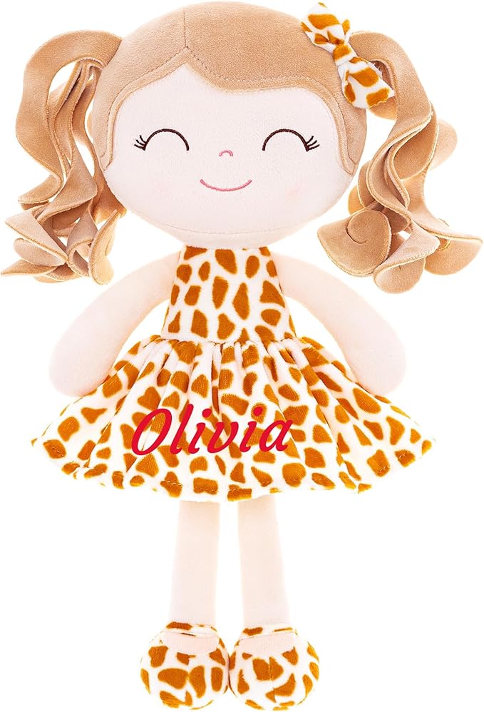 Gloveleya Personalized Rag Doll – Custom Name Baby Girl Gift, Soft Plush Curly Hair Doll with Giraffe Dress, 12 Inches – Birthday, Baby Shower & Holiday Keepsake Toy