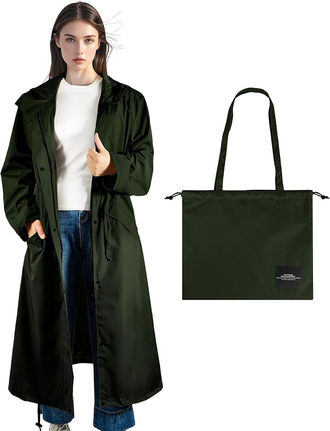 LAMA Womens Long Raincoats Rain Jacket Waterproof Packable Hooded Windbreaker Lightweight Adjustable Waist for Outdoor