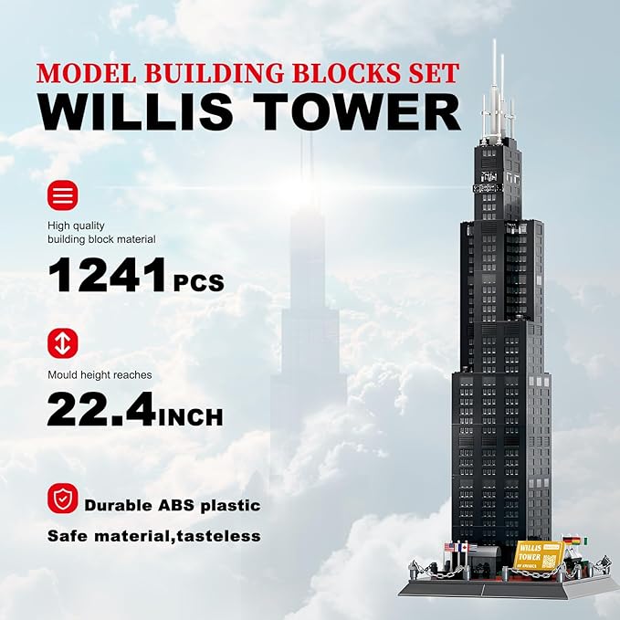 Willis Tower Chicago Architecture Model Building Block Sets,World Famous Landmark Series Toys Gitf for Kids Adults 1241 Pieces