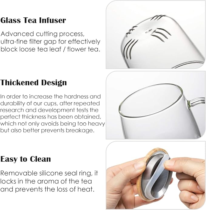Lezero 15oz Tea Infuser Cups with Strainer and Lid, Glass Filter Mugs Brewing Kit for Loose Leaf-Tea & Blooming, Heat Resistance, Lead-free, Microwave & Dishwasher Safe