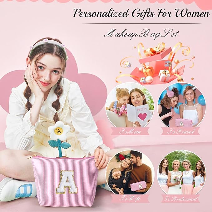 YOOLIFE Personalized Makeup Bag - Initial Cosmetic Bag for Women Travel, Cute Friend Wedding Girlfriend Birthday Gift for Teen Girls 16-18 Q