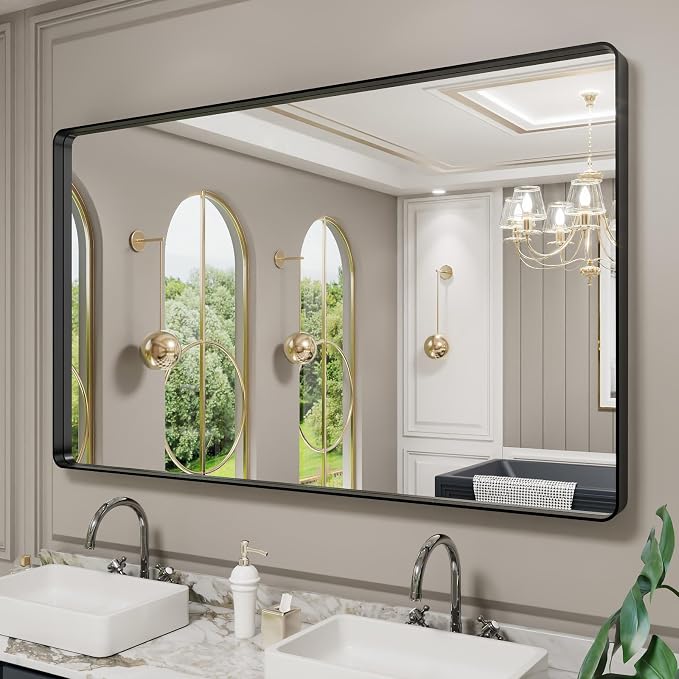 LOAAO 60X36 Inch Black Bathroom Mirror Metal Framed | Rounded Rectangle, Matte Black Bathroom Vanity Mirror, Anti-Rust, Tempered Glass, Hangs Horizontally or Vertically