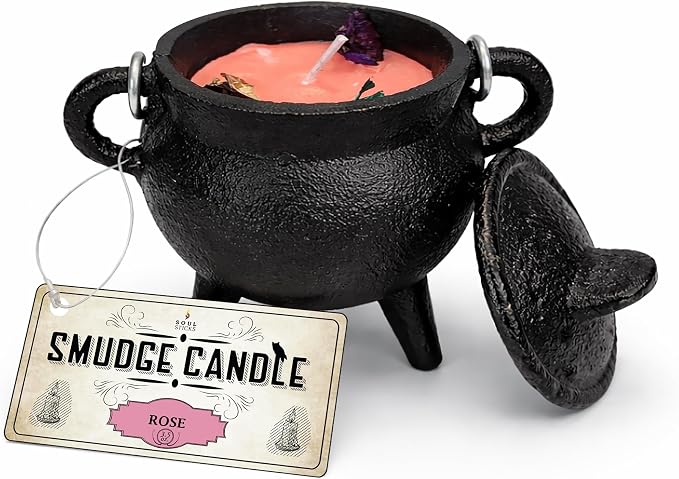 Reusable 4-Inch Cast Iron Cauldron Candle with Lid and Hanging Handle | Ritual & Aromatherapy Candle for Spell Casting, Smudging, Home Cleansing | Herb-Infused with Essential Oils (Rose)