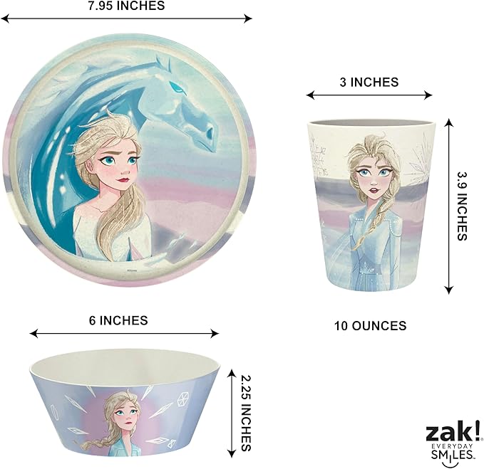 Zak Designs Disney Frozen 2 Kids Dinnerware Set 3 Pieces, Durable and Sustainable Melamine Bamboo Plate, Bowl, and Tumbler are Perfect For Dinner Time With Family (Anna, Elsa, Olaf)