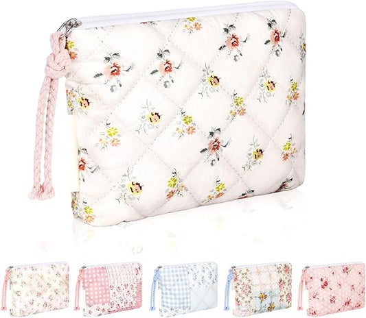 Quilted Mini Cotton Makeup Bag, Small Floral Cosmetic Bag for Purse, Portable XS Travel Makeup Pouch for Daily Use, Travel (Yellow Floral)