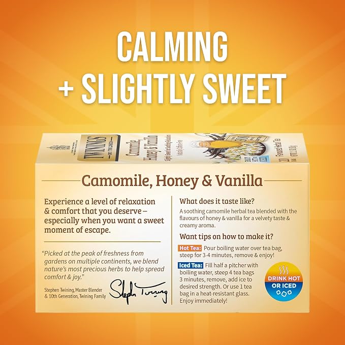 Twinings Camomile, Honey & Vanilla Herbal Tea individually Wrapped Bags, 20 Count (Pack of 1), Naturally Caffeine-Free, Enjoy Hot or Iced, 20 Teabags
