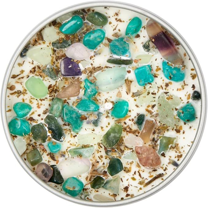 Zen Crystal Candle by NEW MOON BEGINNINGS - All Natural Aromatherapy Candle - 100% Soy Candle - Citrus, Cedarwood, Patchouli - Amazonite, Fluorite, Moss Agate - Meditation Candle - 8 oz. Tin with lid