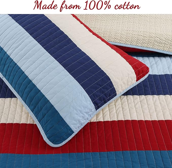 Cozy Line Home Fashions Aaron Bedding Quilt Set, Nautical Navy Blue Red Off-White Striped 100% Cotton Reversible Coverlet Bedspread Bedding Set (National Stripe, Twin - 2 Piece)