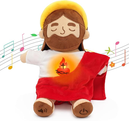 Soothing Jesus Plush Toys with Light & Sound, Jesus Stuffed Breathing Plushy Doll, Christian Catholic Religious Plushie Christmas Easter Gifts for Kids Baby (Brown)