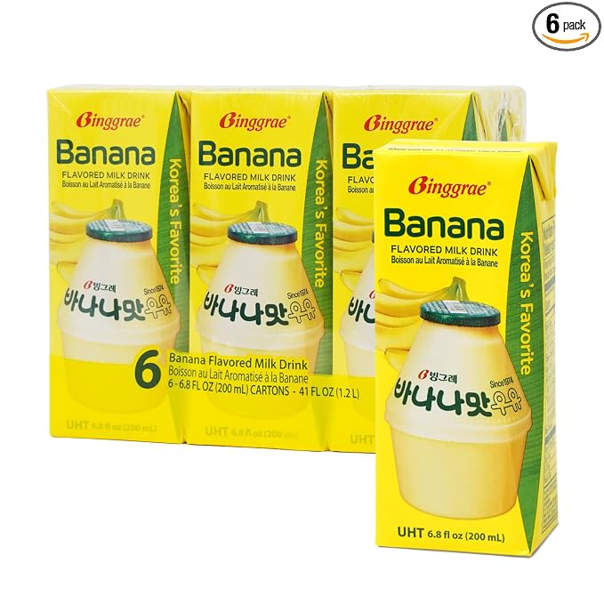 Binggrae Banana Flavored Milk Drink – Sweet and Creamy Korean Beverage – Shelf-Stable 6.8 fl oz Cartons – Pack of 6