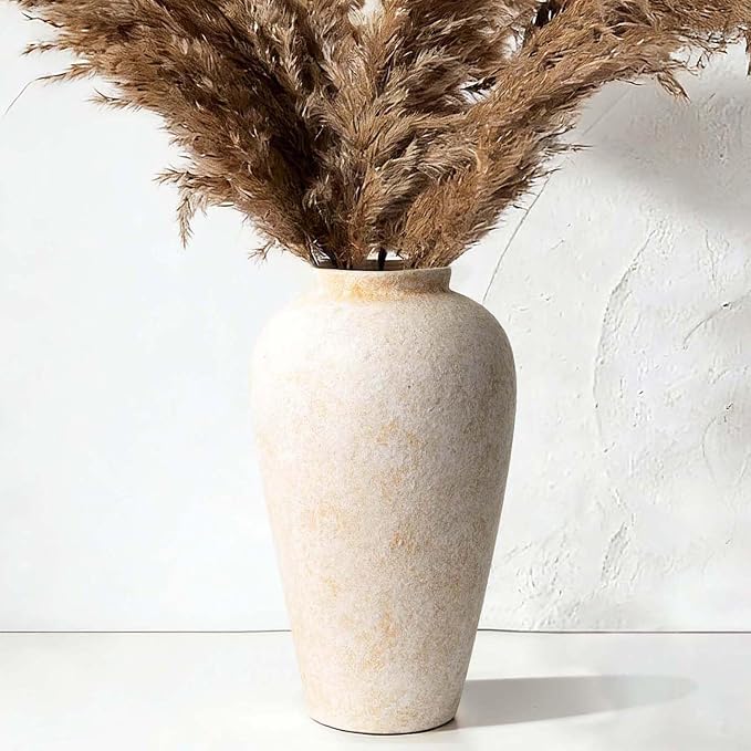 Large Ceramic Rustic Vase 11 Inches, YBX White Ceramic Flower Vase for Centerpieces, Decorative Farmhouse Tall Vase for Home Decor, Living Room, Bedroom, Hallway, Wedding, Table Decorations, Beige